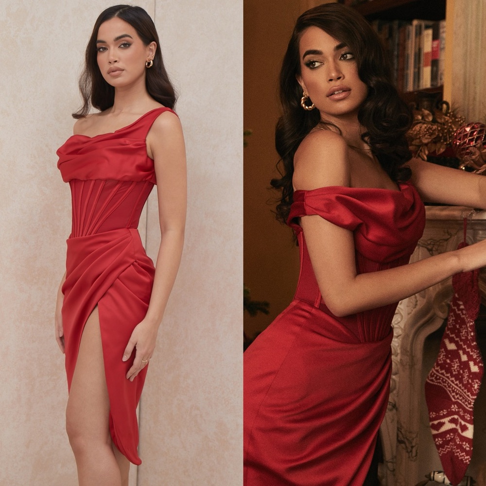 HOUSE OF CB 'Lulu' Red Asymmetric Drape Midi Corset Dress